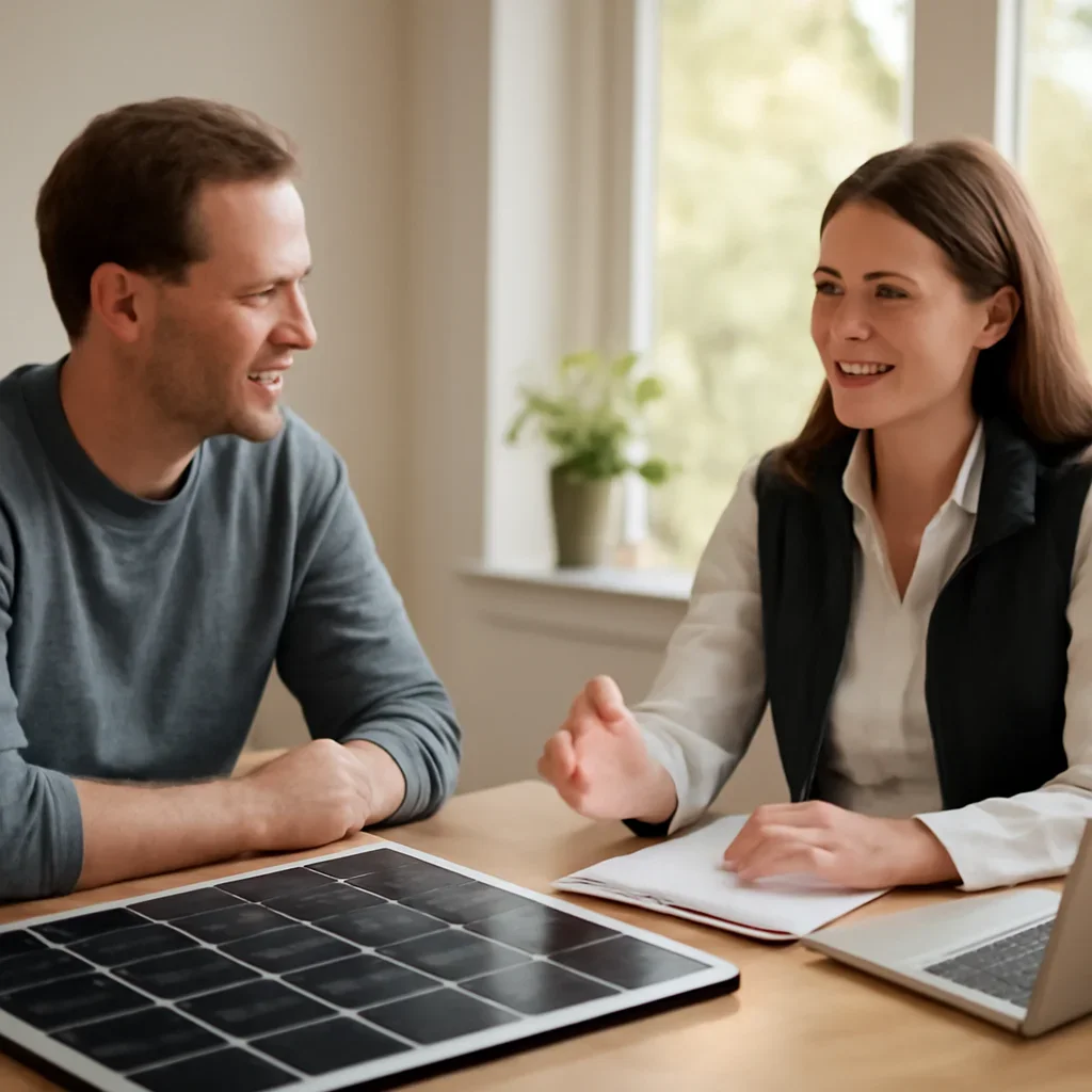 Homeowner and solar consultant discussing project next steps