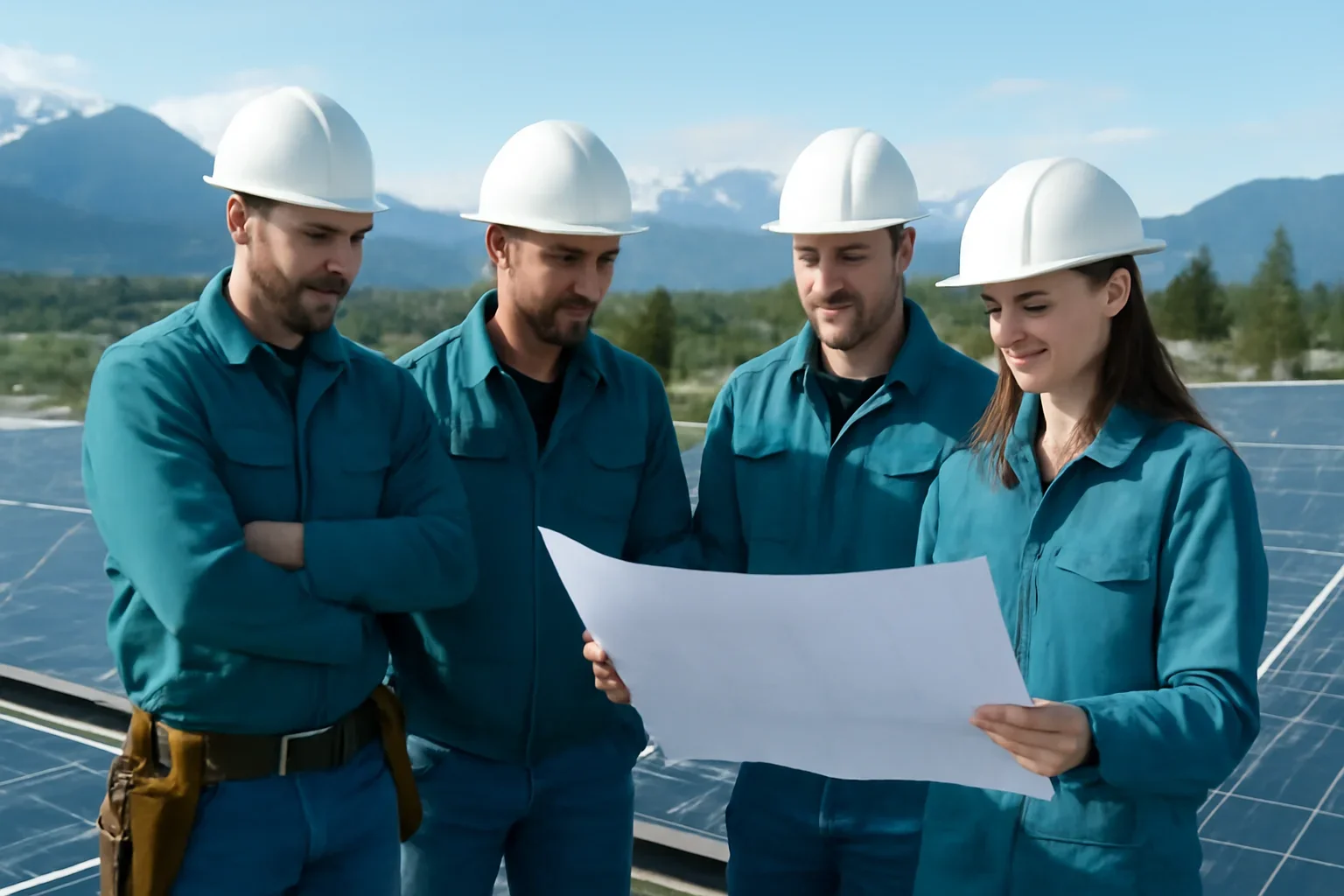 Solar installers reviewing a rooftop project in British Columbia